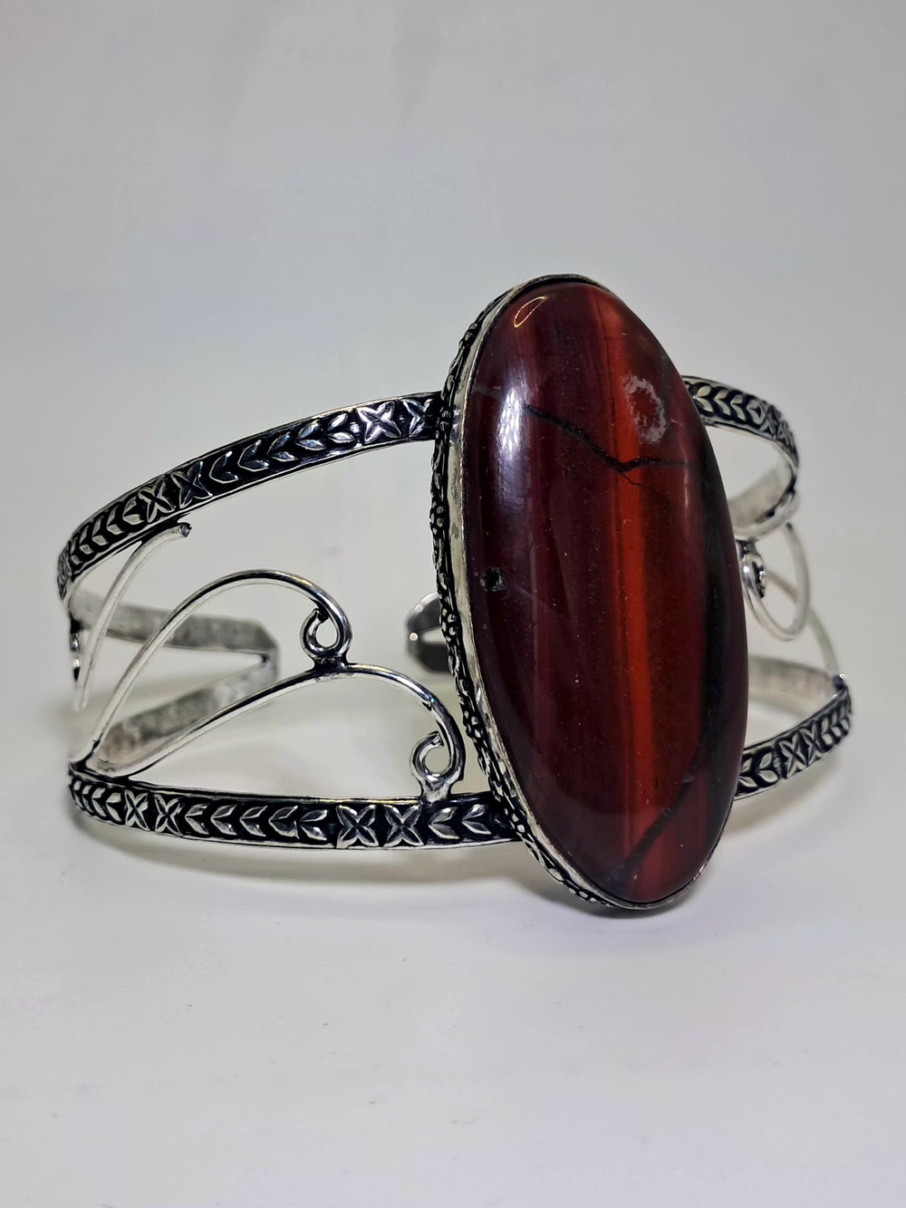 Vintage 925 Sterling Silver Red Tiger's Eye Oval Statement Cuff Bracelet